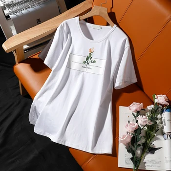 DONAMOL Didelio dydžio trumpas rankovėmis marškinėliai moteriška vasarą naujų rožių spausdinimo raundo kaklo medvilnės prarasti Laisvalaikio viršūnes moterų puloveriai