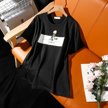DONAMOL Didelio dydžio trumpas rankovėmis marškinėliai moteriška vasarą naujų rožių spausdinimo raundo kaklo medvilnės prarasti Laisvalaikio viršūnes moterų puloveriai