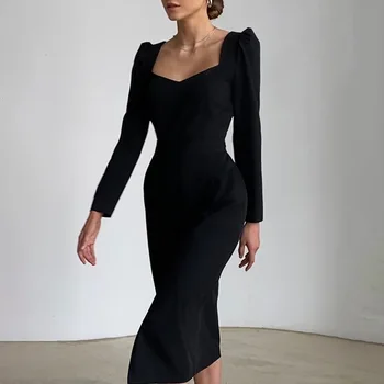 Drabužių OWLPRINCESS 2020 naujas kvadratinių kaklo sluoksniuotos rankovėmis suknelė sexy suknelė ilgomis rankovėmis