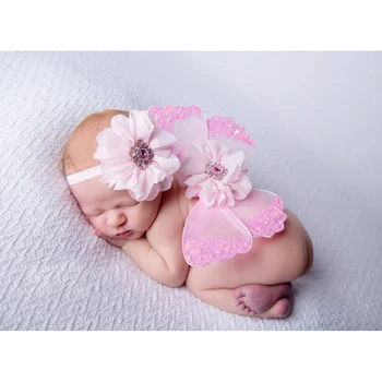 Drugelio Sparnai + Gėlių Ekrano Užsklandą Naujai Fotografija Rekvizitai Baby Girl Fotosesiją Priedai, Naujų Gimęs Fotografavimo Priedų