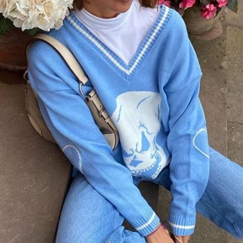 Dryžuotas Kaukolės Modelis Negabaritinių Blue Džemperis Moterims Rudenį 2020 Streetwear E-Girl V-Kaklo Megztinis Y2K Viršūnes Trikotažas moterų megztinis