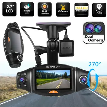 Dvigubo Objektyvo LCD Car DVR Kamera Full HD 1080P Naktinio Matymo GPS Brūkšnys Cam Vaizdo įrašymo G-sensorius