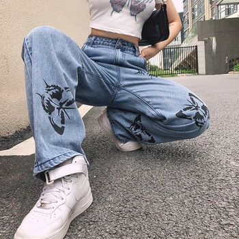 Džinsai 2020 M. Moteris, Laisvi Džinsai High Street Seksualus Aukšto Juosmens Drugelis Spausdinti Ilgio Tiesios Kelnės Streetwear Slim Baggy Kelnės