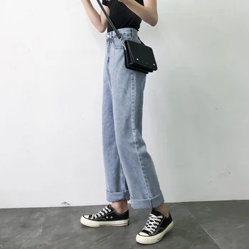 Džinsai Moterims, Platus Kojos Aukšto Juosmens Top Shop Kelnės Plonas Džinsinis Audinys Mygtuką Streetwear Moteriški Visas Ilgis Naujovė Korėjos Mados Atsitiktinis