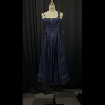 Džinsinio Audinio Maxi Plisuotos Suknelė 2020 Metų Vasaros Korėjos Mados Priežastinis Blue Jeans Ilgai Bendras Suknelė Moterims Petnešos Suknelės Sundress
