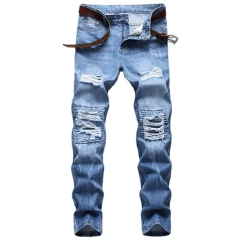 Džinsinio audinio Neveikiančių Skylę, MOTO NUOMA Straight Blue Jeans VYRIŠKI Negabaritinių 40 42 2020 M. Rudenį, Pavasarį HIP-HOP, Punk Rock Streetwear Trouers