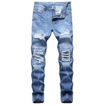 Džinsinio audinio Neveikiančių Skylę, MOTO NUOMA Straight Blue Jeans VYRIŠKI Negabaritinių 40 42 2020 M. Rudenį, Pavasarį HIP-HOP, Punk Rock Streetwear Trouers