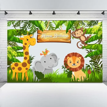 Džiunglių Gimtadieniu Fone Animacinių Filmų Gyvūnų Safari Šalies Fotografijos Foną, Miško, Žalių Lapų Naujagimių Gimtadienio Backdrops