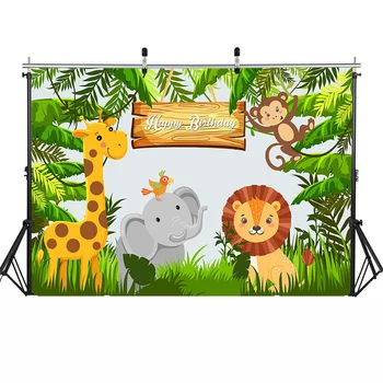 Džiunglių Gimtadieniu Fone Animacinių Filmų Gyvūnų Safari Šalies Fotografijos Foną, Miško, Žalių Lapų Naujagimių Gimtadienio Backdrops