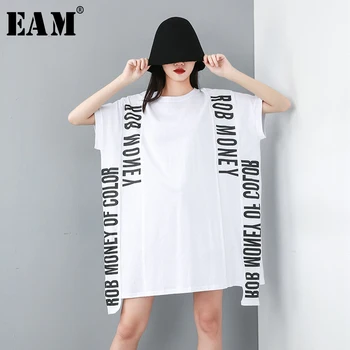 [EAM] Moterys Laiškas Išspausdintas Atgal Akies didelio Dydžio, Ilgas marškinėliai Naujas Apvalios Kaklo trumpomis Rankovėmis Mados Banga Pavasario Vasaros 2021 1U079