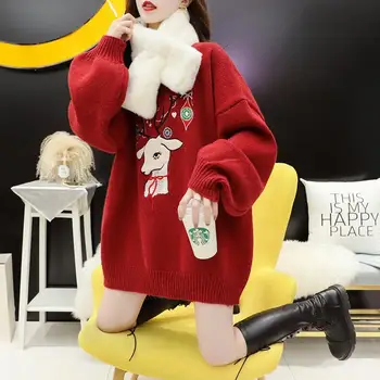 EBAUIHUI 2020 m. Žiemos Megztinis Moterų Megztinis Mergaitėms Viršūnes Derliaus Rudenį Briedžių Elegantiškas Moterų Megzti Viršutiniai drabužiai Šiltas Megztinis Negabaritinių