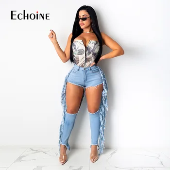 Echoine Moterų Sexy Kankina Skylės Pakraštyje Džinsai Streetwear Didelis Juosmens Plauti Nelaimę Tiesiai Kutas Džinsinio Audinio Kelnės Kelnės