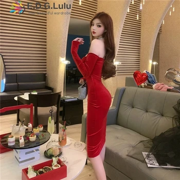 EDGLuLu Rudenį 2020 M. Moteris Sexy V Kaklo Išjungti Peties Ilgomis Rankovėmis Bodycon Suknelė Vakarėlis Elegantiškas Midi Raudonos Aksomo Suknelė 1113