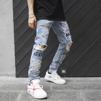 EFUNGAL Vyrų Džinsai Kankina Liesas Streetwear 3M šviesą Atspindinčios Pleistras Dizaino Kūrybinės Graffiti Spausdinti Hip-Hop Džinsinio audinio Kelnės Mėlynos Kelnės