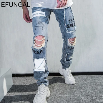 EFUNGAL Vyrų Džinsai Kankina Liesas Streetwear 3M šviesą Atspindinčios Pleistras Dizaino Kūrybinės Graffiti Spausdinti Hip-Hop Džinsinio audinio Kelnės Mėlynos Kelnės