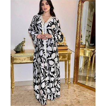 Eid Mubarakas Musulmonų Mados Abaja Moterų Dress Satino Vestido arabų Abaja Dubajus Islamo Caftan Gėlių Spausdinti Maxi Suknelės Skraiste