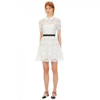 Elegantiška Baltos spalvos Akių Gėlių Siuvinėjimas Mini Suknelė Moterų 2020 M. Aukštos Kokybės Trumpas Rankovės-line Slim Vasaros Suknelė