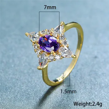 Elegantiška Moteriška Kristalų Purpurinis Ovalo Formos Žiedas Mielas Geltona Aukso Plonas Vestuviniai Žiedai Moterims, Elegantiška Nuotakos Geometrinis Vestuvinis Žiedas