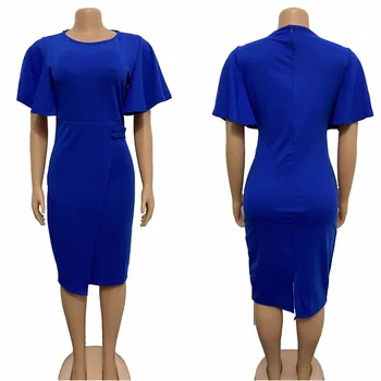 Elegantiška Mėlynos Bodycon Moterų Suknelė Vasaros Ruffles Rankovėmis Midi Pieštuku Suknelės Aukšto Juosmens 2020 M. Afrikos Vintage Retro Šalis Suknelė