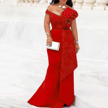 Elegantiška Raudonos, Geltonos Spalvos Blokas, Šalto Pečių Grindų Ilgis Mermaid Dress Falbala Moterų Elegantiškas Šalis Suknelės Plius Dydžio 5xl