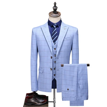 Elegantiškas 3 Gabalas Vyrų Pledas Tinka Mėlyna Patikrinti, Kostiumo Dizaino Vyrų Aukštos Kokybės Mens Vestuvių Kostiumai, Švarkai su Kelnes