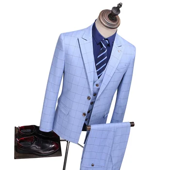 Elegantiškas 3 Gabalas Vyrų Pledas Tinka Mėlyna Patikrinti, Kostiumo Dizaino Vyrų Aukštos Kokybės Mens Vestuvių Kostiumai, Švarkai su Kelnes