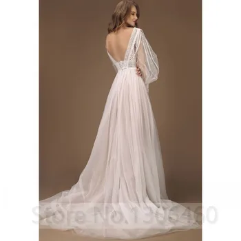 Elegantiškas A-Line Wedding Suknelė Sluoksniuotos Rankovėmis Tiulio Boho Vestuvių Chalatai Seksualus Backless Vestido De Novia Princesė Vestuvės Dress