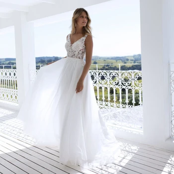 Elegantiškas Balto Dramblio kaulo Backless Boho Vestuvių Suknelės Dviguba V-kaklo, Rankovių-line Nuotakos Suknelė Chalatas de Santuokos Užsakymą