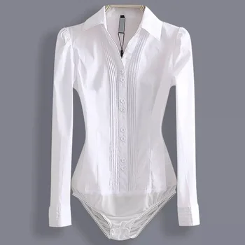Elegantiškas Bodysuits Moterų Office Lady Balta Kėbulo Marškinėliai, Ilgas Rankovėmis Palaidinė Pasukite Žemyn Apykaklės Bodycon Viršūnes Moterų Drabužių 2019