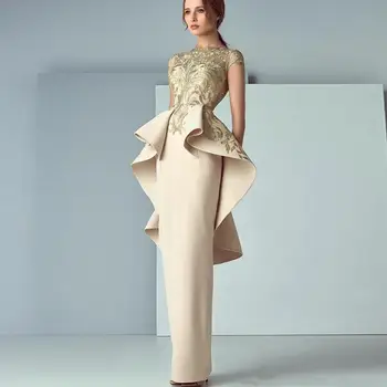 Elegantiškas Bžūp Rankovėmis Satino Apvalkalą Vakare Chalatai Oficialią Suknelės 2019 Nėrinių Aplikacijos Sluoksniuotos Raukiniai Peplum Prašmatnus Keltas Šalis Suknelė