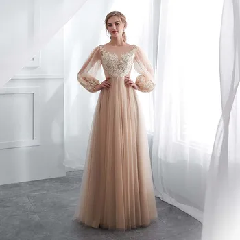 Elegantiškas Ilgas Rankoves Šampano Vestuvių Suknelės 2021 Nauja Siunta Oficialų Appliques Nėrinių Nuotakos Suknelė