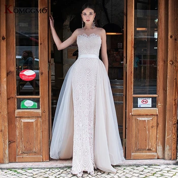Elegantiškas Iliuzija, O-Kaklo, Rankovių Undinė Vestuvių Suknelė 2021 Karšto Pardavimo Nuimamas Traukinio Nėrinių Appliques Mygtuką Atgal Nuotakos Suknelė