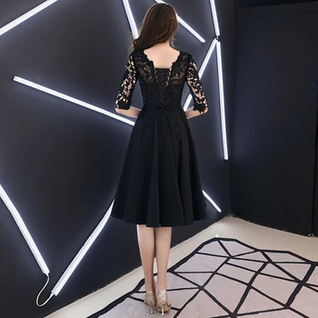 Elegantiškas Juodas Trumpas vakarines Sukneles 2019-line Nėrinių Spandex Satino Moterys Pusiau Oficialią Suknelės Su Puse Rankovėmis