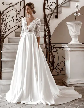 Elegantiškas Long Sleeve Lace Vestuvių Suknelės V-Kaklo Satin A-Line 2020 vestido de novia Nuotakos Suknelė Rudenį Naujų Senovinių Paprasta