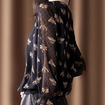 Elegantiškas Moterų Pavasario Rudens Stiliaus Šifono Palaidinės, Marškinėliai Lady Atsitiktinis ilgomis Rankovėmis Stovėti Apykaklės Bičių Spausdinti Blusas Viršūnes ZZ0445