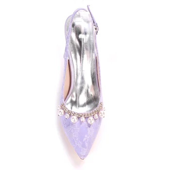 Elegantiškas nėrinių siurbliai slingback pažymėjo tne aukštakulnius su perlų kristalų segė nuotakos vestuvių prom lady batus levandų dramblio kaulo