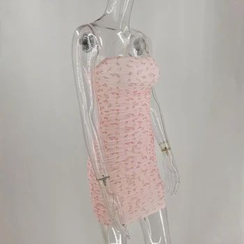 Elegantiškas Spageti Dirželis Gėlių Spausdinti Mini Suknelės Seksualus Backless Ruched Klubas Tinklelio, Be Rankovių Vasaros Suknelė
