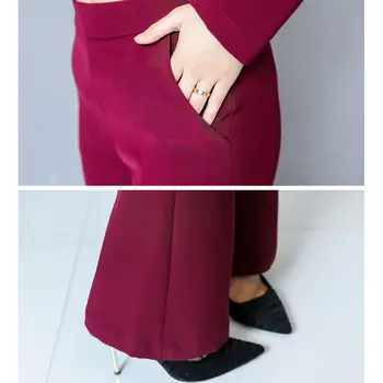 Elegantiškas šifono ilgomis rankovėmis pynimas viršų ir užsiliepsnojo kelnės dviejų dalių komplektas 2020 m. rudenį naujų mados kelnės kostiumas office lady drabužiai
