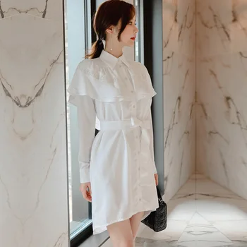 Elegantiški Baltos Spalvos Marškinėliai Suknelė 2021 M. Pavasarį Turn-Žemyn Apykaklės Ilgomis Rankovėmis Dekoratyvinis Susiėmę Pristatymo Diržo Single-Breasted Office Suknelė