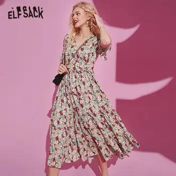 ELFSACK Spalvotų Disty Gėlių Spausdinti Atsitiktinis Midi Šifono Suknelės Moterims 2020 Metų Vasaros ELF Aukšto Juosmens korėjos Ponios Atostogų Suknelė