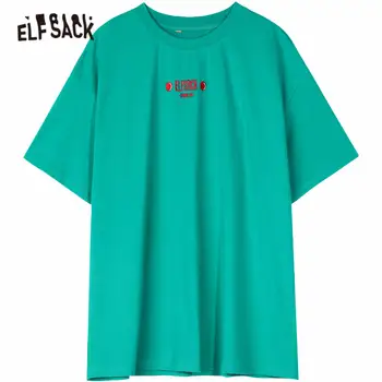 ELFSACK Žalia Juokinga Grafinis Spausdinti Atsitiktinis Harajuku T-Marškinėliai Moterims 2020 Metų Vasaros ELF Laišką Siuvinėjimo korėjos Ponios Dienos Topai