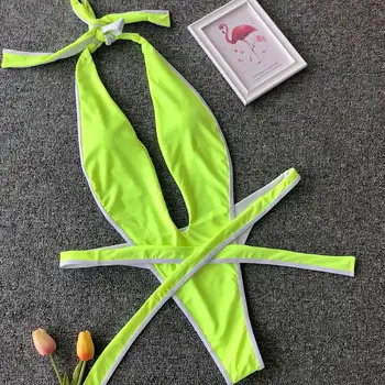 Ellolace Tvarstis vientisi maudymosi kostiumėlį Moterų Diržas Bikini Seksualus v-Kaklo, maudymosi Kostiumėliai Moterims Biquinis Neon Aukštos Sumažinti Monokini Paplūdimio Drabužiai