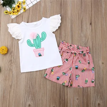 Emmababy 2VNT Kūdikių Mergaičių Vasaros Drabužių Nėrinių Kaktusas Viršūnes+Stripe Šortų Komplektus