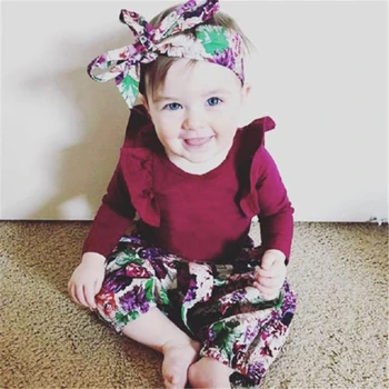 Emmababy 3pcs Pavasario Naujagimių princesė mergina drabužių nustatyti skristi rankovės romper +gėlių kelnės +lankelis drabužių rudens dėvėti 0-18m
