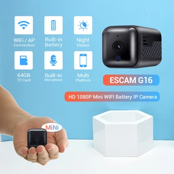 ESCAM G16 MINI IP vaizdo KAMERA 1080P, Mini WiFi Naktinio Matymo Baterijos vaizdo Kamera su Garsu Paramos AP Hotspot 64GB Kortele Vaizdo įrašymas