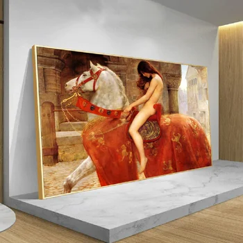Europos Klasikinio Lady Godiva Važiuoti Arklių Garsaus Nuogas Naftos Tapyba Ant Drobės Meno Plakatų, Piešinių Ir Spaudinių Sienos Nuotraukas, Už Kambarį