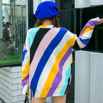Europos stotis akinantys spalvų įstrižai dryžuotas džemperis moterims, tingus vėjas prarasti animacinių filmų elegantiškas megztinis išorinis dėvėti megztinį