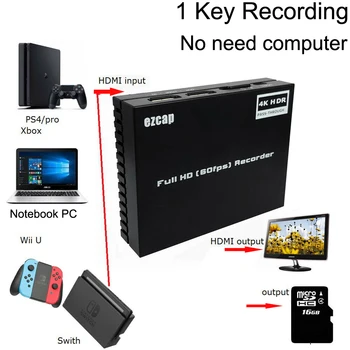 Ezcap274 4K 60hz HDR Loop Out HDMI Vaizdo įrašymo Plokštė, 1080P 60fps Įrašymas Box žaidimai, Diktofonas už PS4 Jungiklis,Mikrofono Įvestis