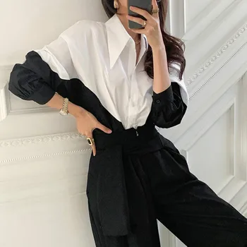 Ezgaga Office Lady Marškiniai, Elegantiškas Prancūzų Stiliaus Pavasario Turn-Žemyn Apykaklės Ilgomis Rankovėmis Priešingai Nei Prarasti Moterų Palaidinė Atsitiktinis Blusas
