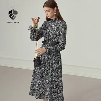 FANSILANEN Gėlių spausdinti black ilgą šifono suknelę Moteris blyksnius pynimas rankovės elegantiška suknelė Rudens žiemos diržo slim vintage suknelė